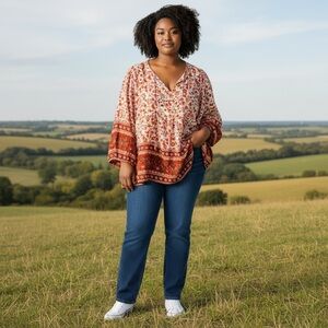 Bohemian Floral Tunic Top Rust Brown Sz 2XL 3/4 Balloon Sleeves
